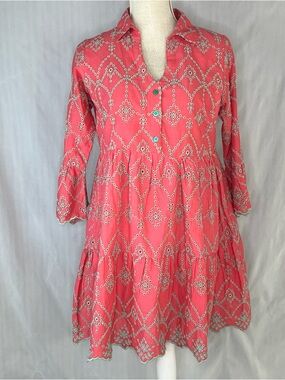 Modaposa Cadenza Dress 100% Cotton Embroidered Eyelet Pink W/Green Accents S 👍